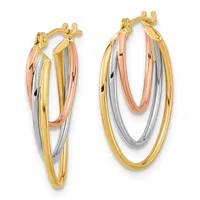 A pair of triple hoop earrings in yellow, white, and rose gold with hinged backs, shown from the front.