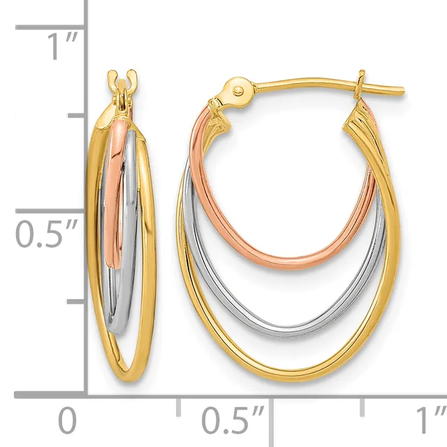 Tricolor gold oval hoop earrings with nested layers in yellow, rose, and white gold, shown with a measurement scale indicating approximately one inch in length.