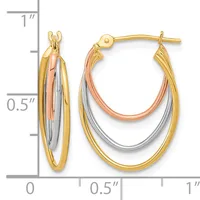 Tricolor gold oval hoop earrings with nested layers in yellow, rose, and white gold, shown with a measurement scale indicating approximately one inch in length.