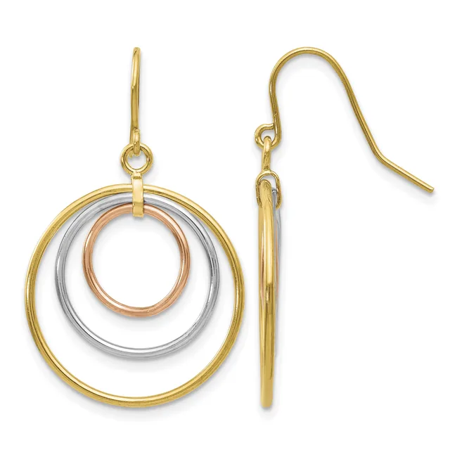 Pair of gold, silver, and rose gold concentric circle dangle earrings with fish hook closures, shown front and side view.