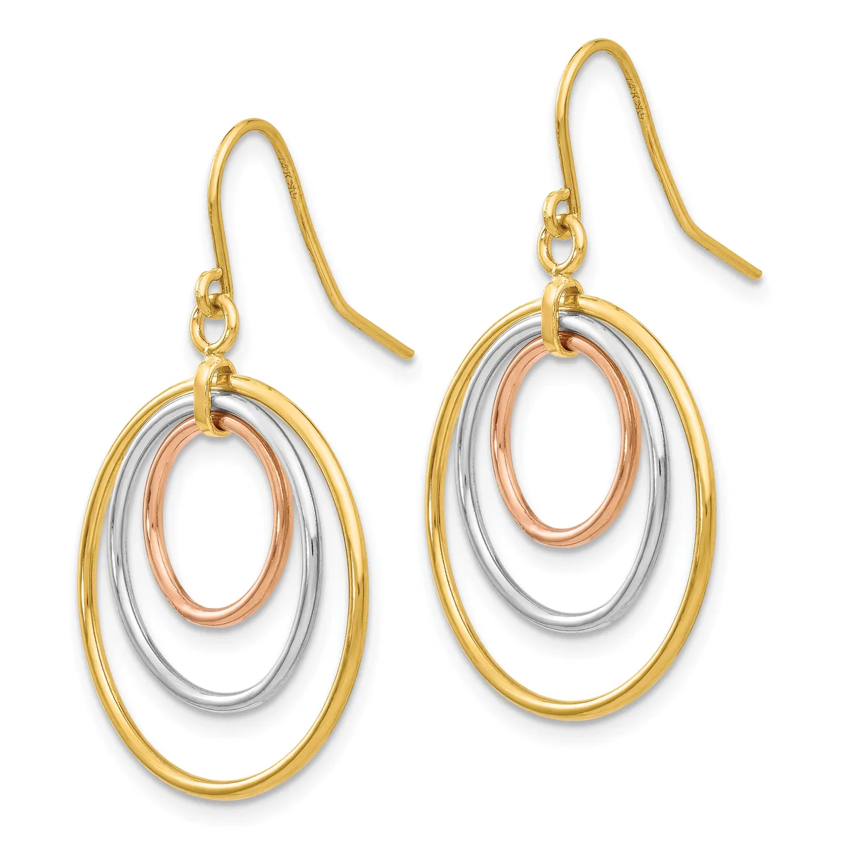Pair of drop earrings with triple concentric ovals in yellow, white, and rose gold hanging from curved fish hook wires.