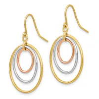 Pair of drop earrings with triple concentric ovals in yellow, white, and rose gold hanging from curved fish hook wires.