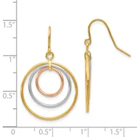 Pair of tri-color concentric circle dangle earrings with yellow gold outer ring, white middle ring, and rose gold inner ring, shown on a measurement scale.