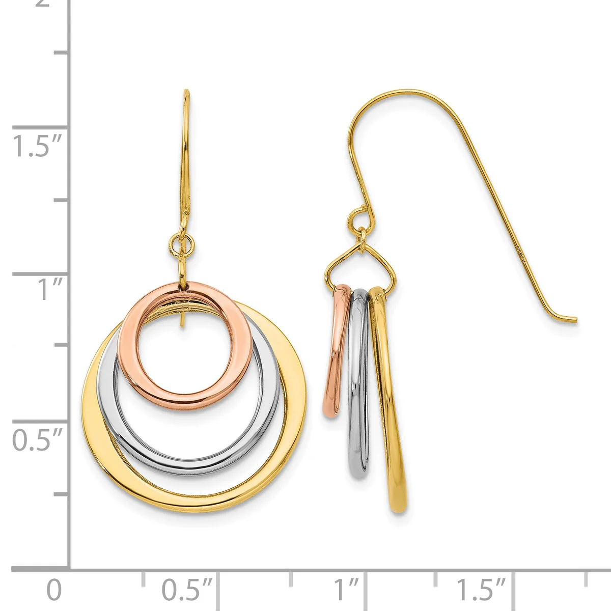 Two pairs of tricolor gold earrings displayed against a measurement scale, featuring nested circular rings and tapered bar designs in yellow, white, and rose gold.