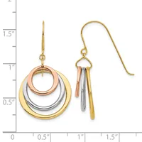 Two pairs of tricolor gold earrings displayed against a measurement scale, featuring nested circular rings and tapered bar designs in yellow, white, and rose gold.