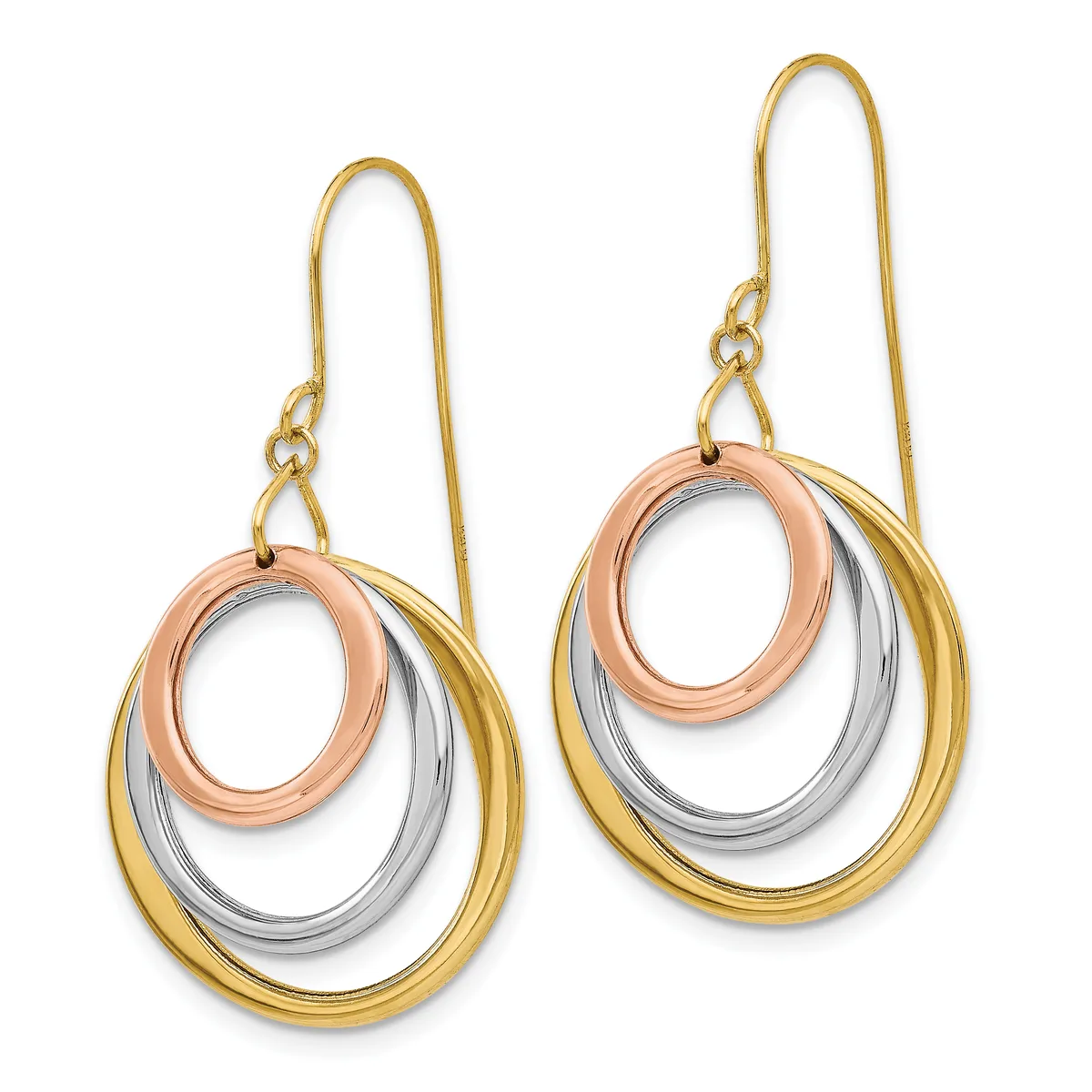 Pair of tri-color drop earrings with nested oval loops in yellow gold, white gold, and rose gold, suspended from yellow gold ear wires.