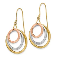 Pair of tri-color drop earrings with nested oval loops in yellow gold, white gold, and rose gold, suspended from yellow gold ear wires.