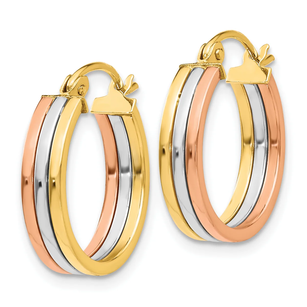 A pair of tricolor hoop earrings with yellow, white, and rose gold bands arranged in alternating stripes, featuring gold-tone hinged closures.