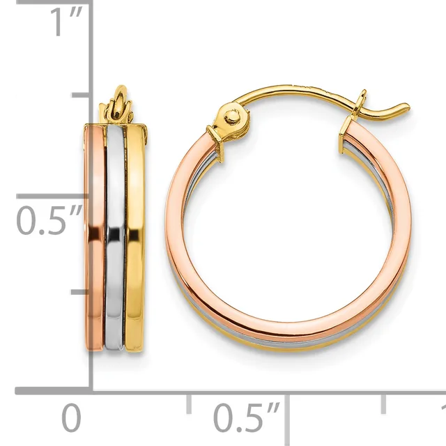 Tri-color hoop earrings in yellow, white, and rose gold with a hinged closure, displayed next to a measurement scale showing approximately one inch in height and half inch in width.