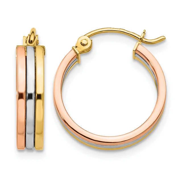 Tricolor gold hoop earrings with rose, white, and yellow gold stripes, shown from front and side views with a hinged closure.