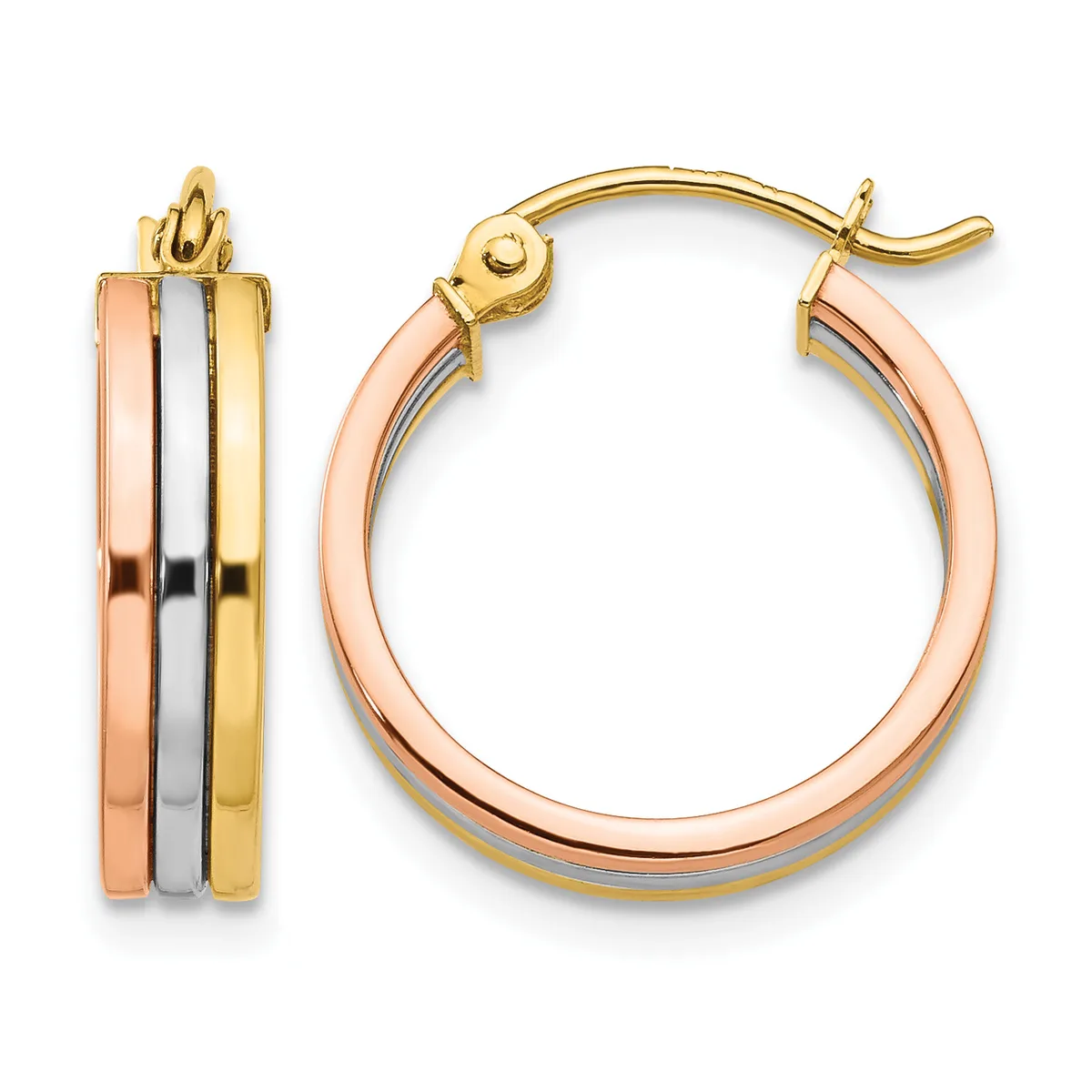 Tricolor gold hoop earrings with rose, white, and yellow gold stripes, shown from front and side views with a hinged closure.