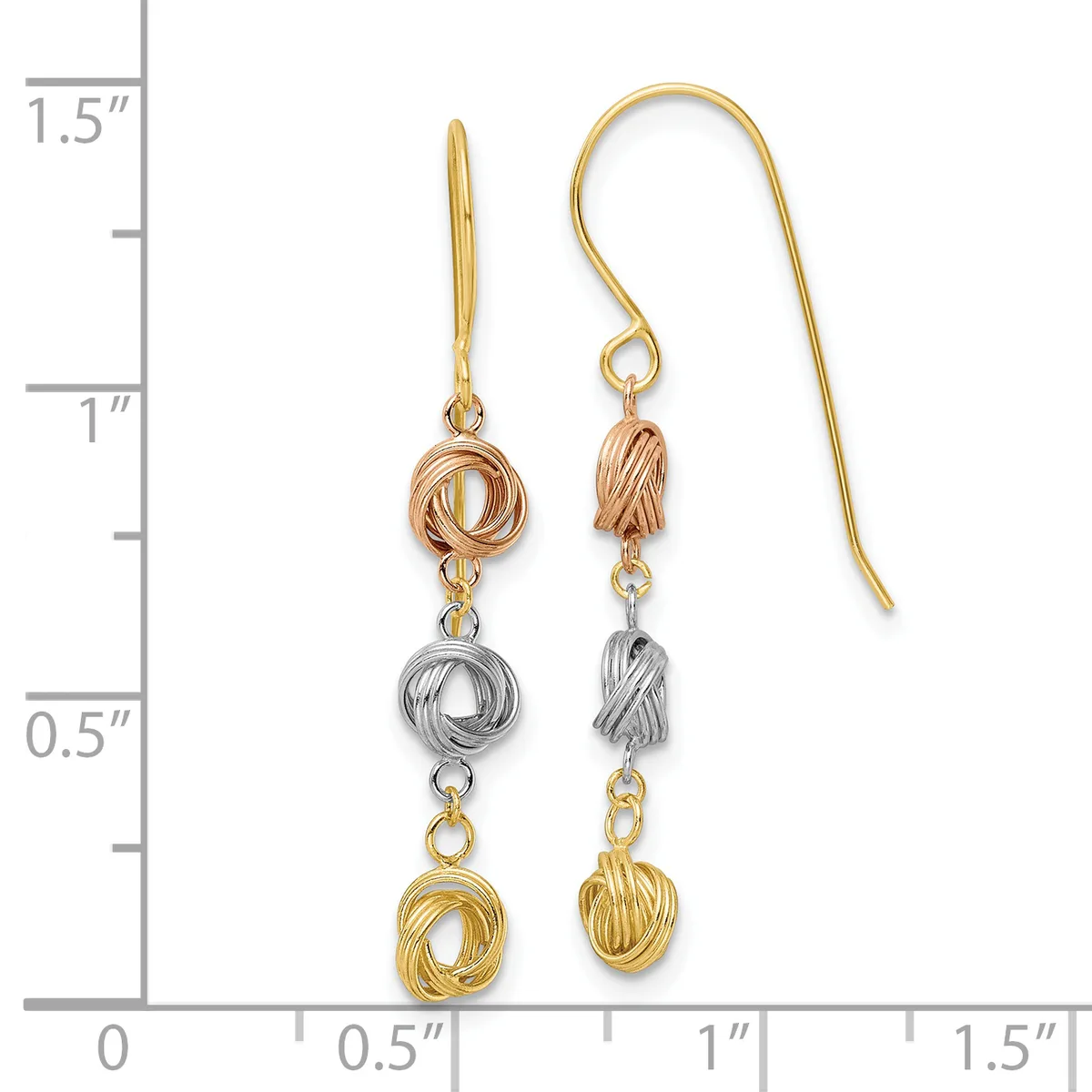Pair of dangling earrings with three-tiered knot designs in rose, silver, and yellow gold, shown next to a measurement ruler indicating approximately 1.5 inches in length.