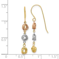 Pair of dangling earrings with three-tiered knot designs in rose, silver, and yellow gold, shown next to a measurement ruler indicating approximately 1.5 inches in length.