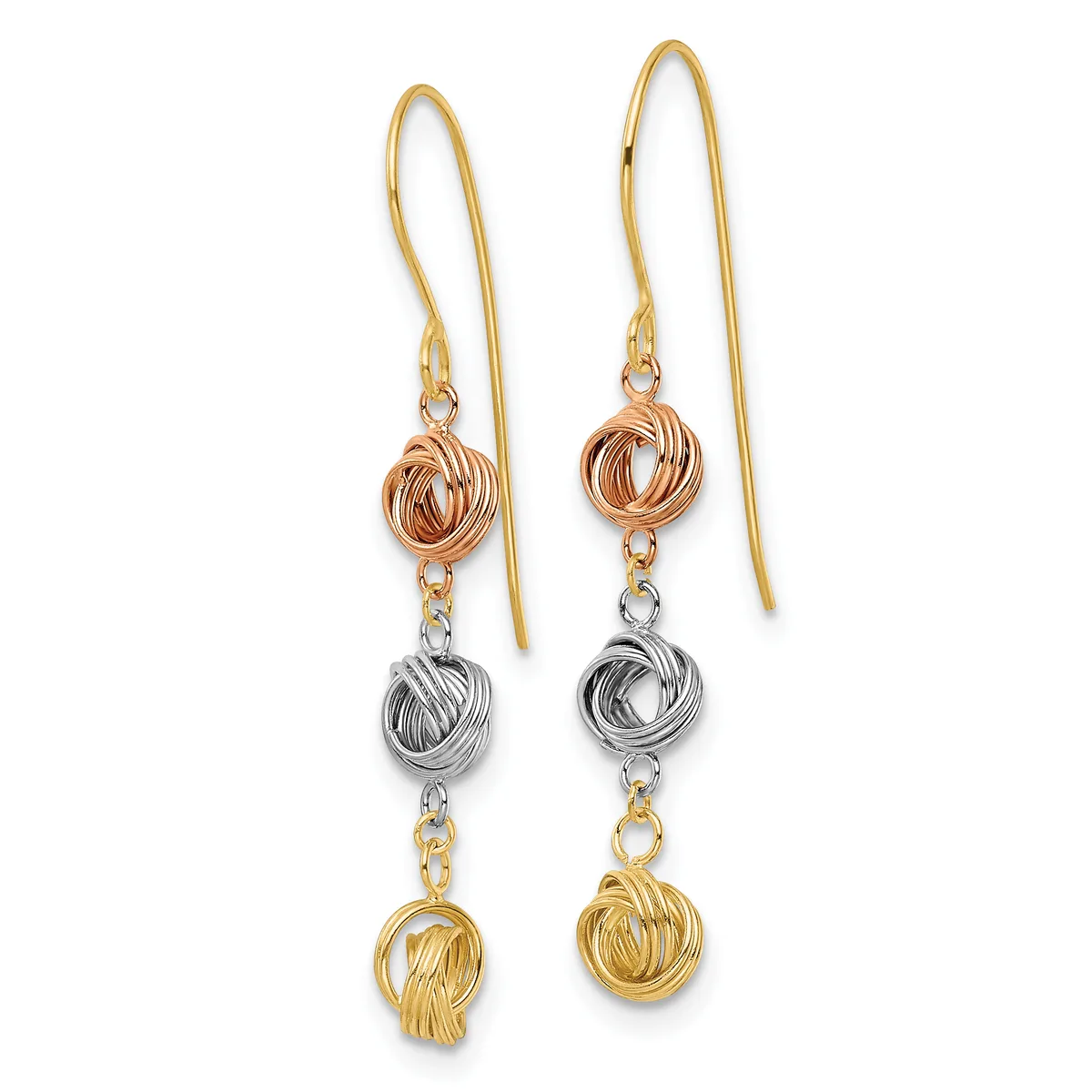 Pair of dangling earrings with gold ear wires featuring three textured metal knot beads in rose gold, silver, and yellow gold suspended vertically on each earring.