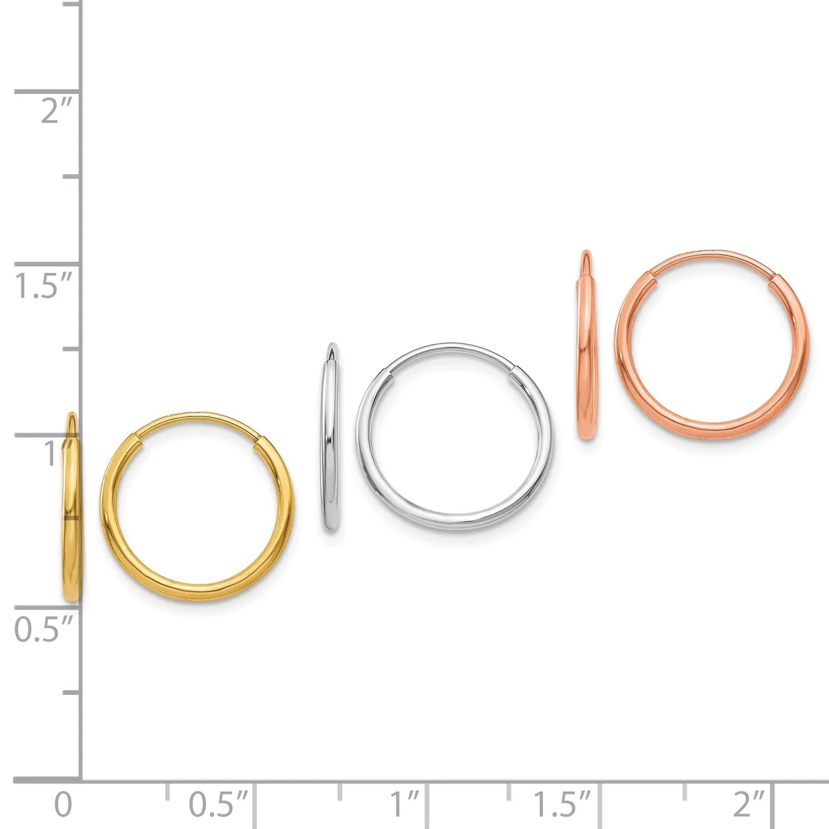 Four polished metal hoop earrings in gold, silver, and rose gold displayed next to a measurement scale showing sizes ranging from approximately 0.5 inches to 2 inches in diameter.