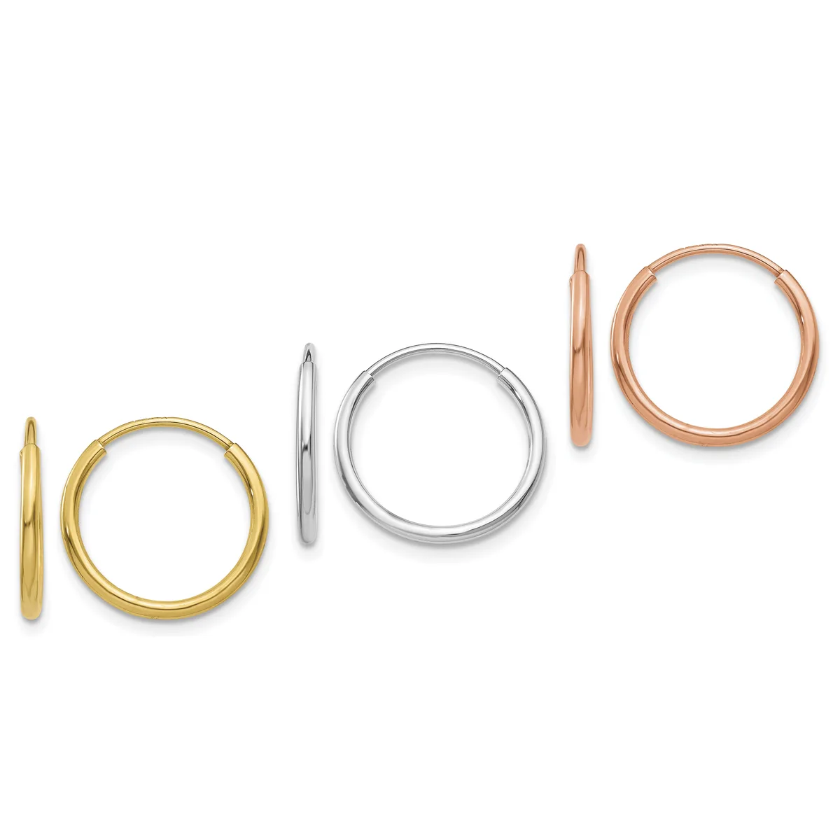 Three pairs of polished hoop earrings in yellow gold, white gold, and rose gold, displayed side by side showing varying sizes.