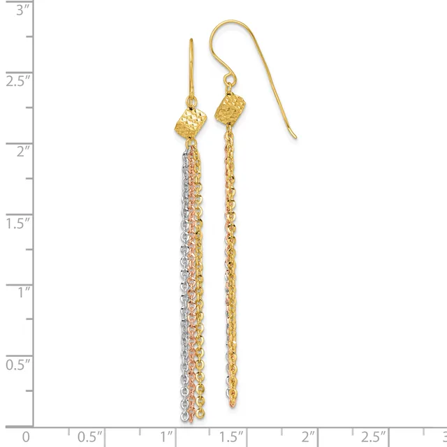 Pair of gold-toned dangle earrings with textured cube-shaped tops and long chain drops, one with mixed gold and silver chain, displayed against a ruler showing approximately 2.5 inches in length.