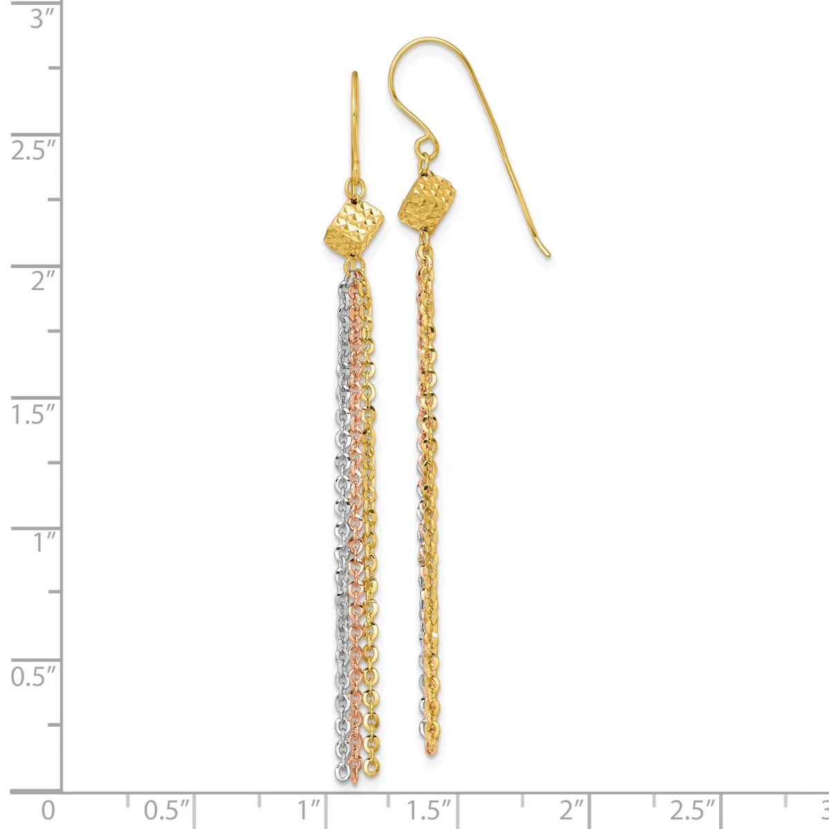 Pair of gold-toned dangle earrings with textured cube-shaped tops and long chain drops, one with mixed gold and silver chain, displayed against a ruler showing approximately 2.5 inches in length.