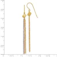 Pair of gold-toned dangle earrings with textured cube-shaped tops and long chain drops, one with mixed gold and silver chain, displayed against a ruler showing approximately 2.5 inches in length.