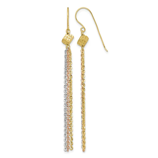 Pair of two-tone gold dangle earrings with textured gold beads at the top and long chain strands in yellow and white gold hanging below.