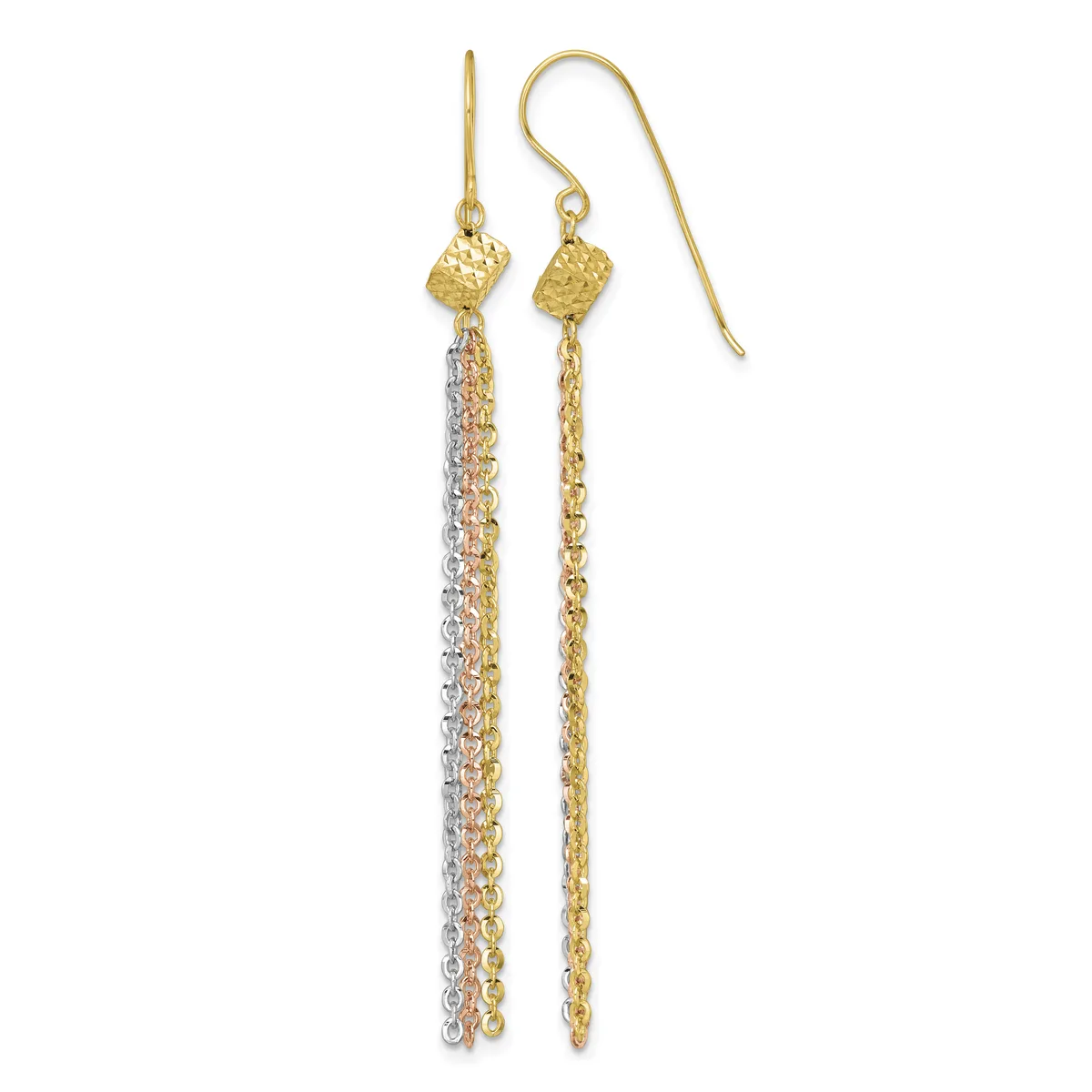Pair of two-tone gold dangle earrings with textured gold beads at the top and long chain strands in yellow and white gold hanging below.