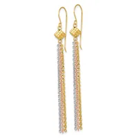 Pair of gold dangle earrings with textured square tops and long chains alternating gold and silver links, displayed against a white background.