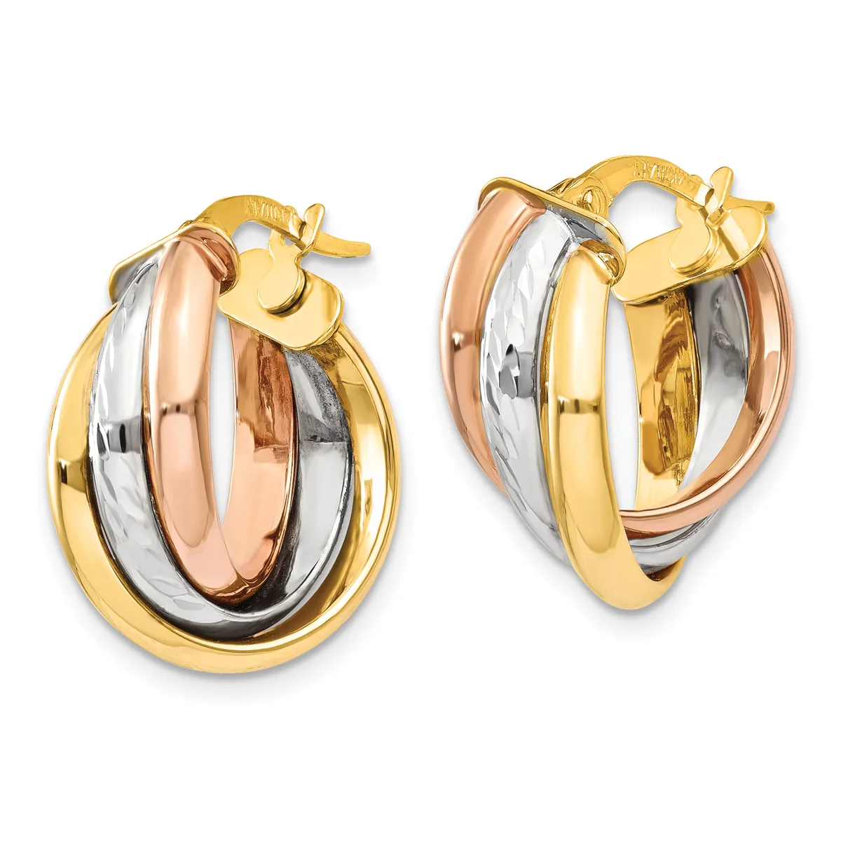 Pair of tricolor gold hoop earrings with intertwined yellow, white, and rose gold bands, shown from front and back angles.
