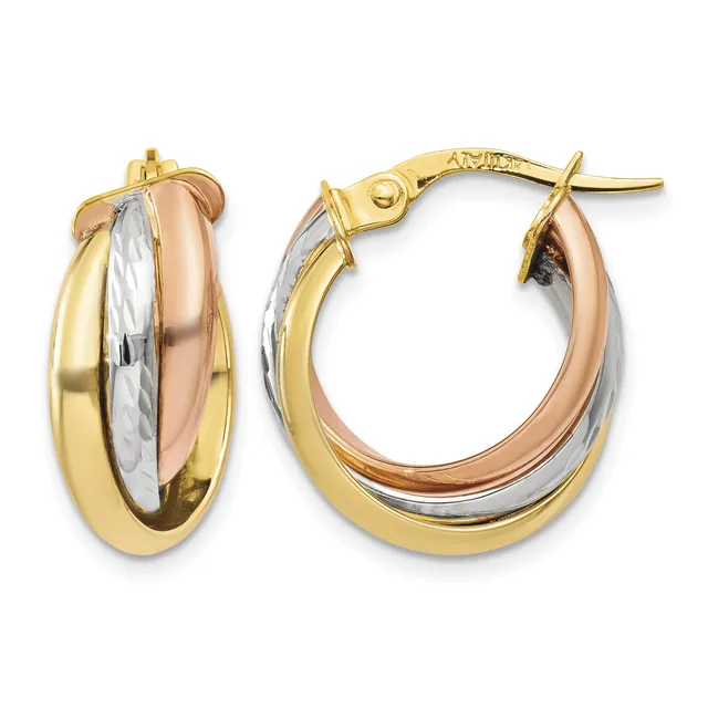Pair of tricolor gold hoop earrings with yellow, white, and rose gold bands, displayed front and back views with post and clutch closures.