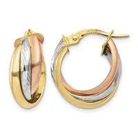 Pair of tricolor gold hoop earrings with yellow, white, and rose gold bands, displayed front and back views with post and clutch closures.