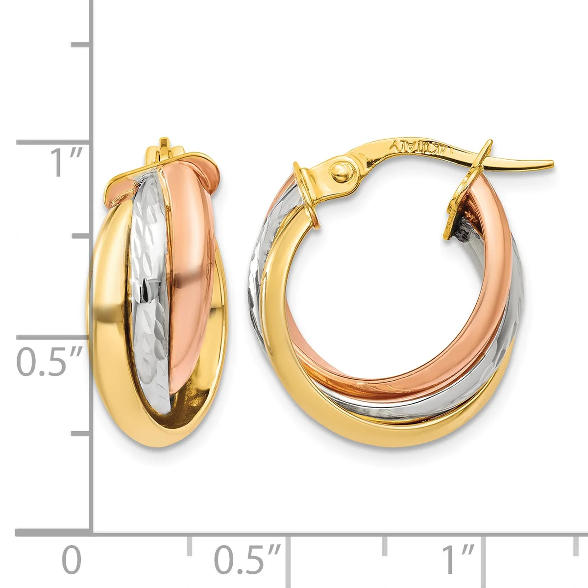 Pair of tricolor gold hoop earrings with yellow, rose, and white gold bands, shown next to a measurement scale.