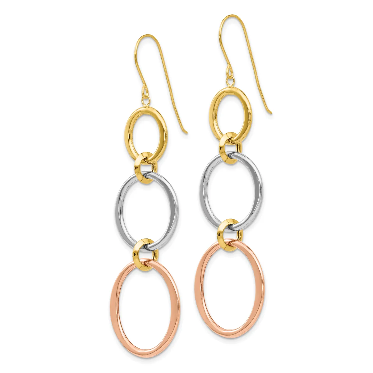 Pair of dangling earrings with gold, silver, and rose gold oval rings linked together, suspended from gold ear wires.