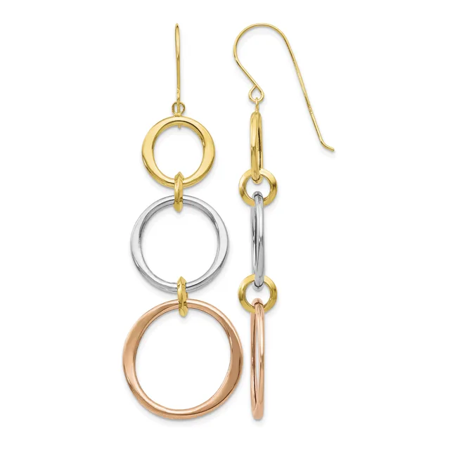 Pair of drop earrings with three stacked circular rings in yellow gold, white gold, and rose gold, suspended from yellow gold fish hook wires.