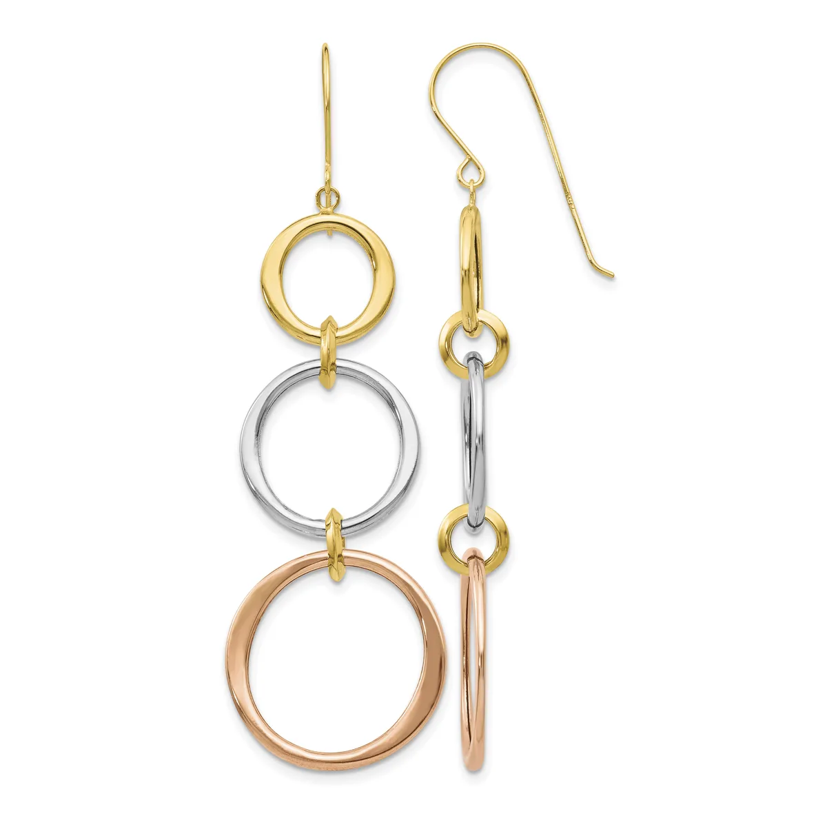 Pair of drop earrings with three stacked circular rings in yellow gold, white gold, and rose gold, suspended from yellow gold fish hook wires.