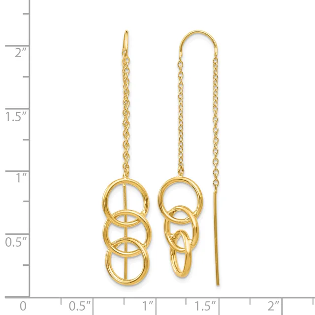 Pair of gold-colored threader earrings with interlocking circular rings at the bottom and delicate chain strands, displayed against a ruler showing approximately two inches in length.