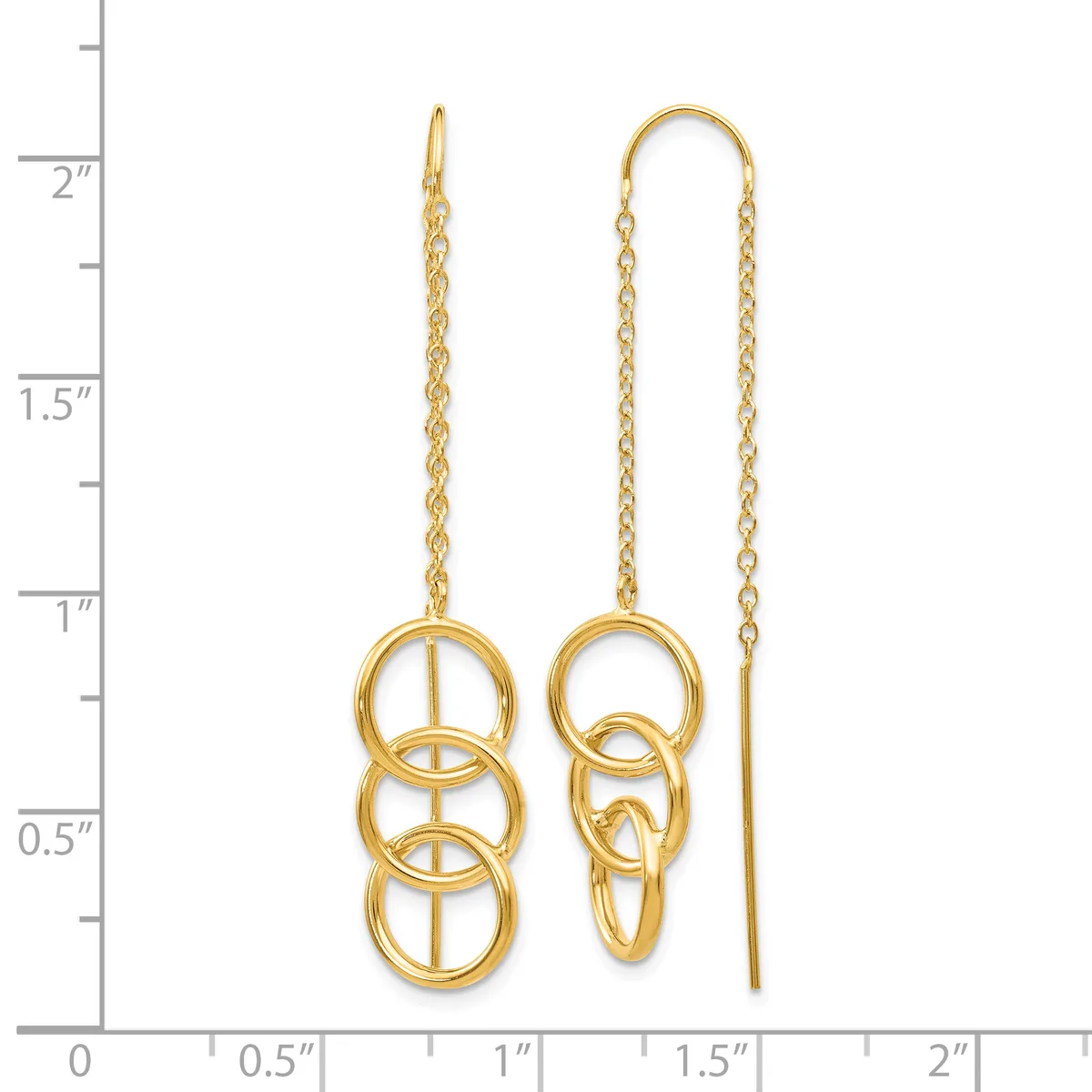 Pair of gold-colored threader earrings with interlocking circular rings at the bottom and delicate chain strands, displayed against a ruler showing approximately two inches in length.