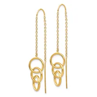 Pair of gold threader earrings with interlocking circular rings suspended from delicate chains that thread through the ear.