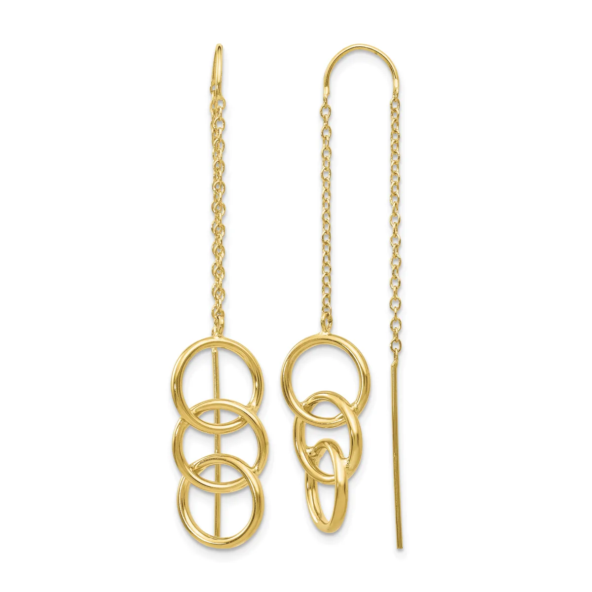 Pair of gold threader earrings with interlocking circular rings suspended from delicate chains that thread through the ear.