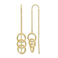 Pair of gold threader earrings with interlocking circular rings suspended from delicate chains that thread through the ear.
