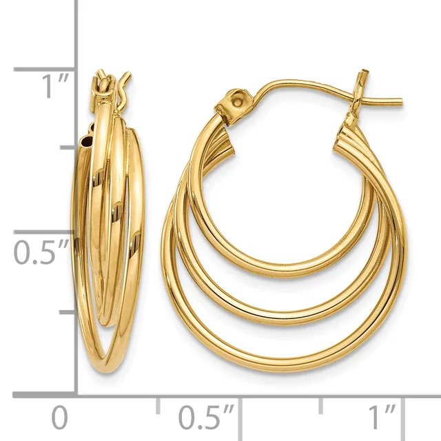 A pair of gold triple-layered hoop earrings with post and clutch closures, displayed next to a ruler showing approximately one inch in length.