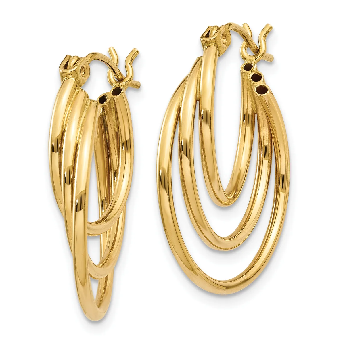 A pair of polished gold-toned triple hoop earrings with post and clutch closures displayed side by side.