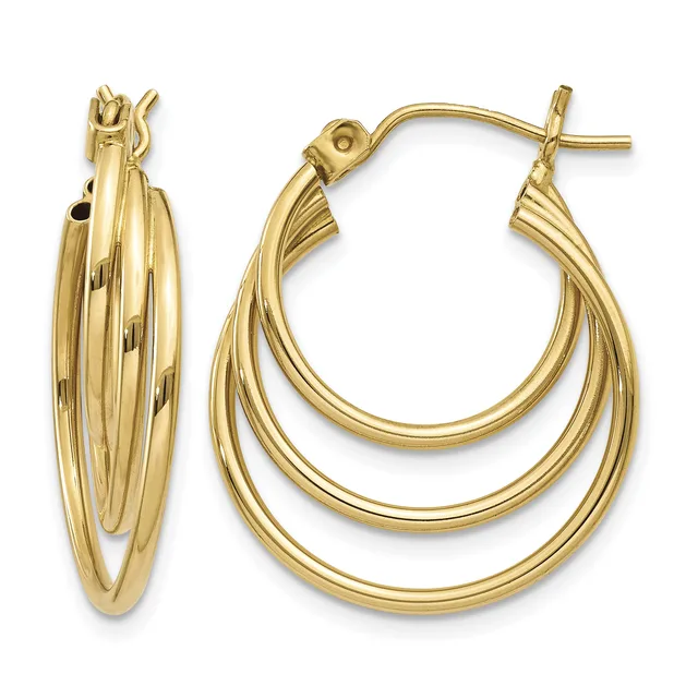 Pair of gold hoop earrings with triple nested curved bands, shown from front and side views with post and clutch closures.