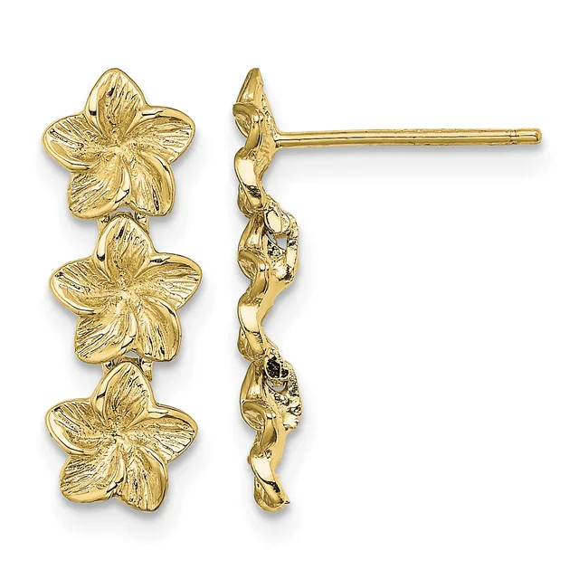 Pair of gold drop earrings featuring three textured five-petal flowers arranged vertically on a post and hook fastening.