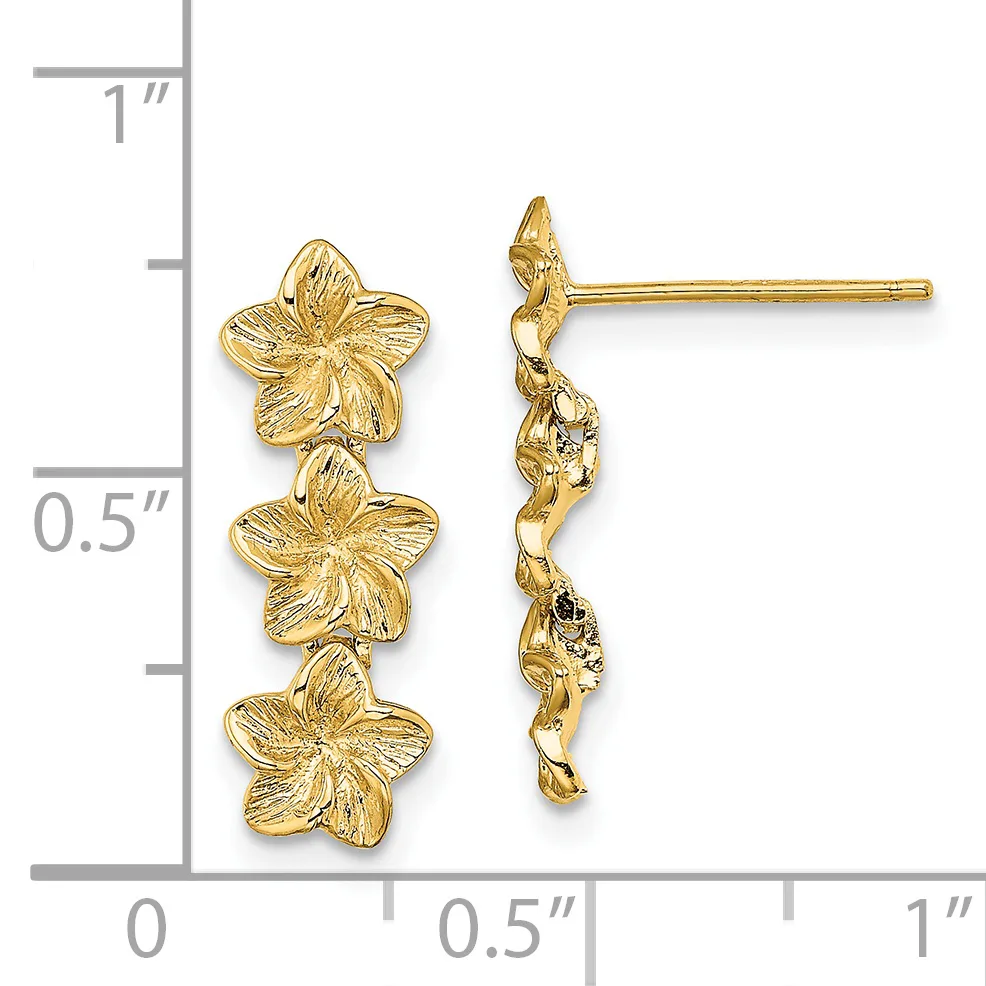 Gold-toned flower cluster drop earrings with three stacked five-petaled blossoms on posts, shown against a measurement scale.