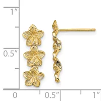 Gold-toned flower cluster drop earrings with three stacked five-petaled blossoms on posts, shown against a measurement scale.