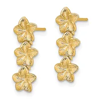 A pair of gold stud earrings with three textured flower charms hanging from each post.
