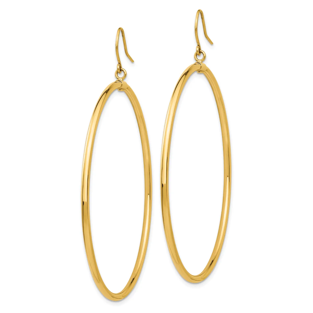 A pair of gold-toned oval hoop earrings with fishhook ear wires, displayed against a white background.