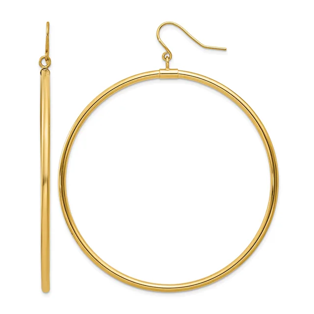 Pair of gold-toned hoop earrings with fish hook closures, shown displayed separately against a white background.