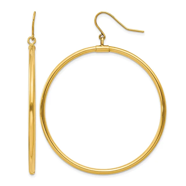 Pair of gold-toned hoop earrings with fish hook closures, shown from front and side views.