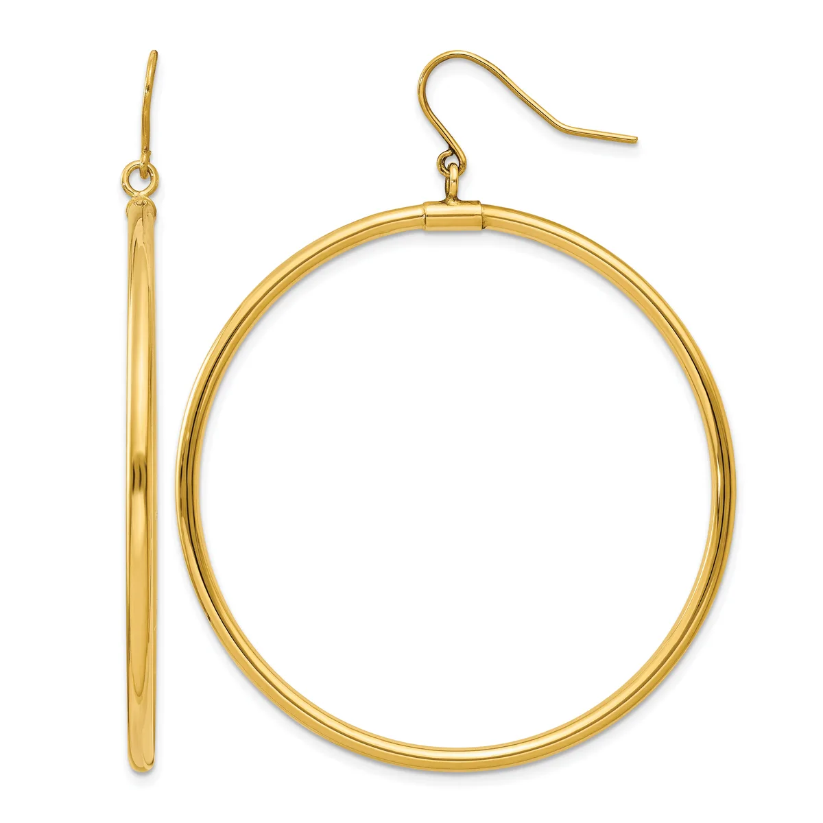 Pair of gold-toned hoop earrings with fish hook closures, shown from front and side views.