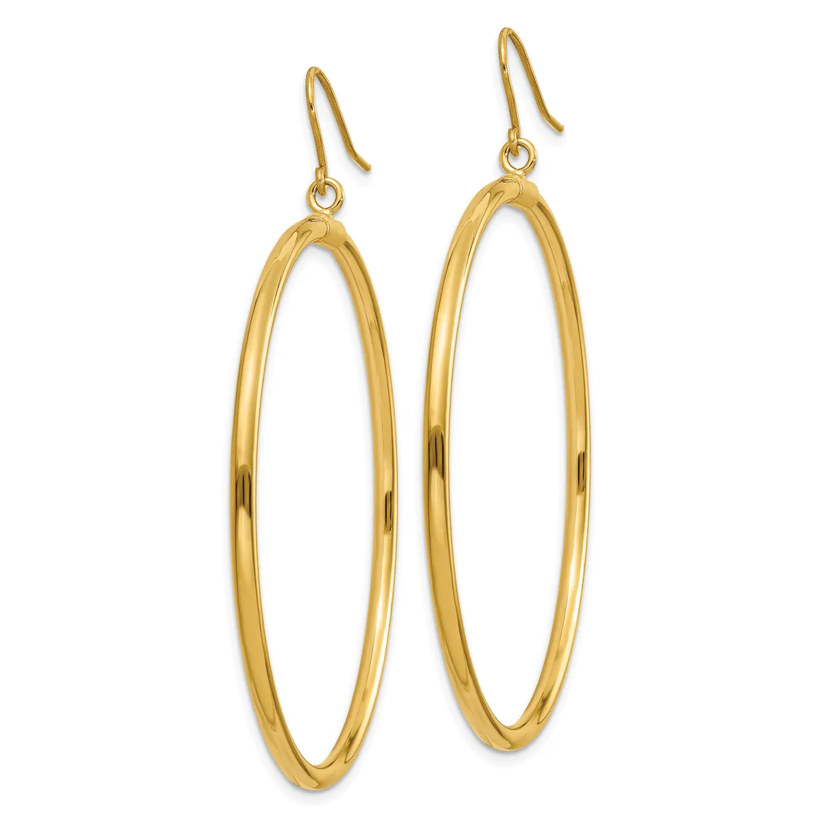 A pair of gold oval hoop earrings with hook-style ear wires, displayed against a white background.